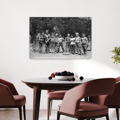 1950s LINEUP OF 9 BOYS IN TEE SHIRTS WITH BATS MITTS FACING CAMERA by D. Corson - Wrapped Canvas Print