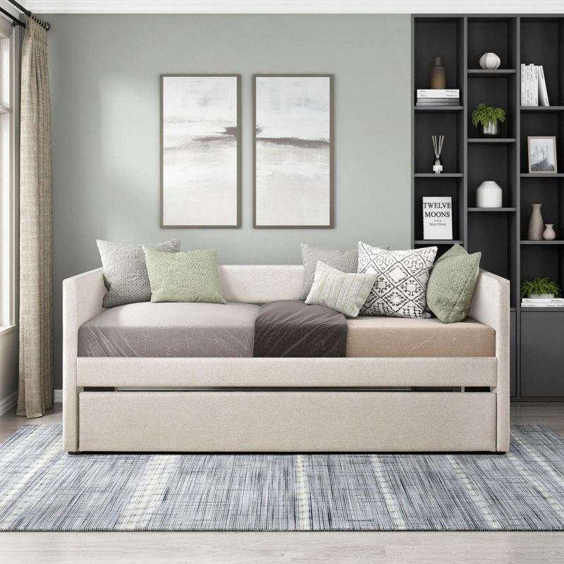 Faux Leather Upholstered Daybed with Trundle, Beige