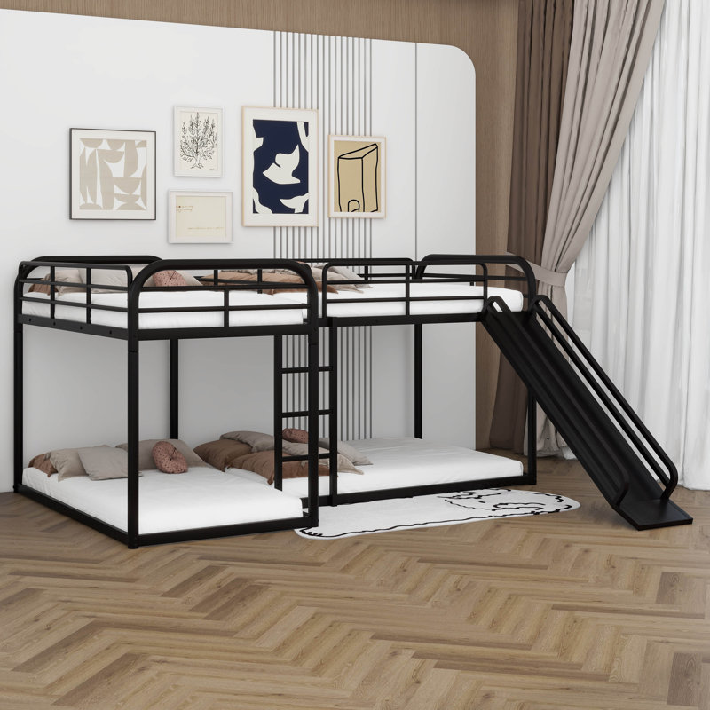 Lit superposé en L spacieux avec glissière et échelle, structure en métal durable, parfait pour un usage familial, Noir