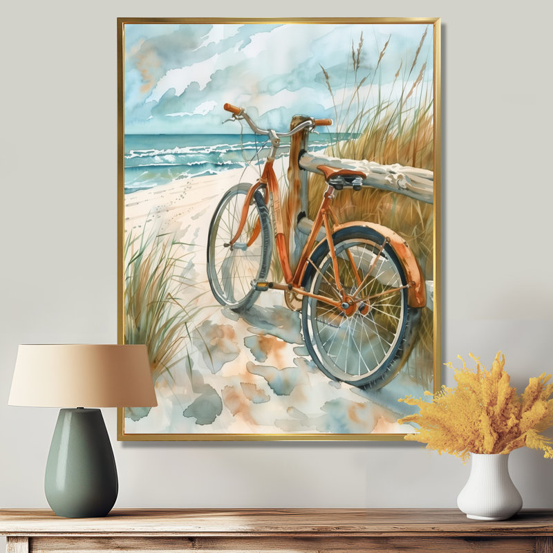 Vélo orange sur le sentier de la plage côtière - salon d'art mural côtier, Cadre flottant brun, H 40 po x l 30 po
