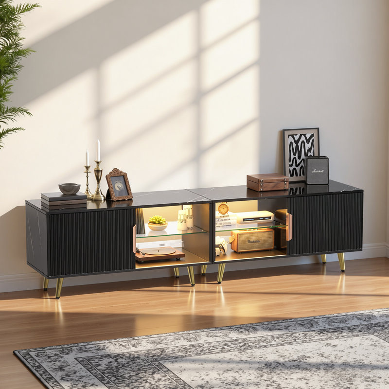 Meuble télé 78,7 po à grain de marbre noir moderne avec portes coulissantes, console média pour téléviseur de 75 po ou moins