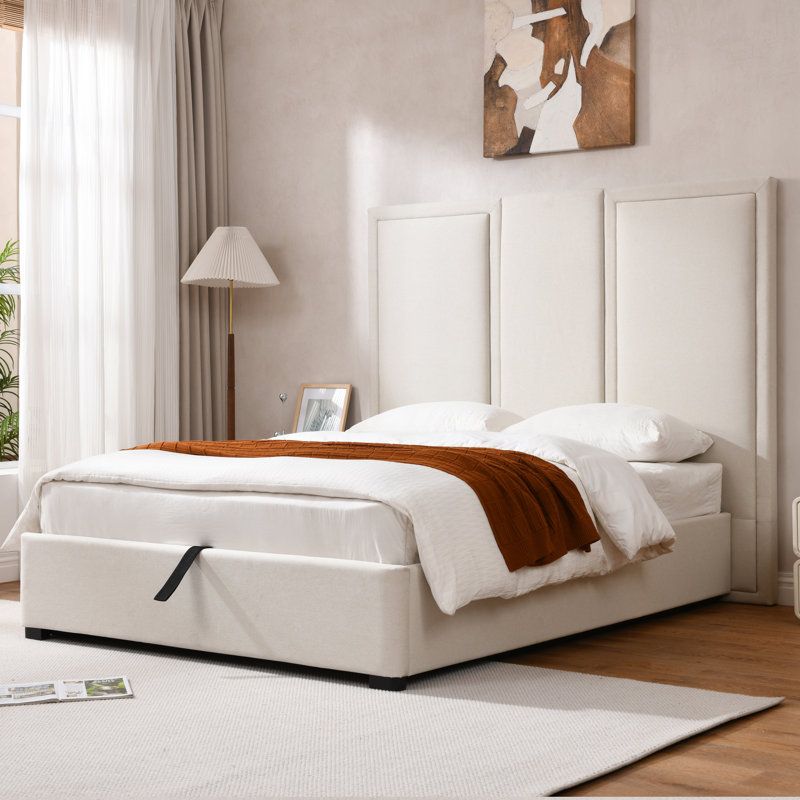 Lit de rangement rembourré avec tête de lit surdimensionnée, Beige, Grand
