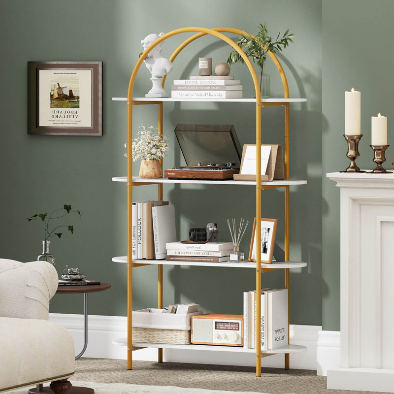 1 PCS Arched Bookshelf, 4-Tier Open Bookcase with Sturdy Metal Frame for Living Room Gold and White, 1, Gold/White