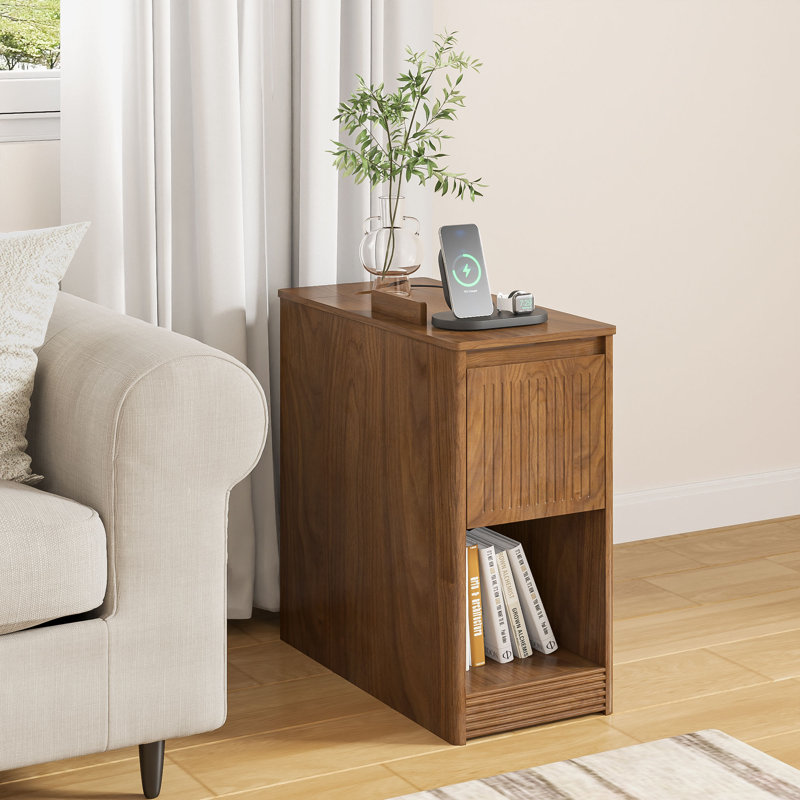End Table With Flip Top, Side Table With Storage And Charging Station, Narrow Couch Side Table With Drawer And Wheels