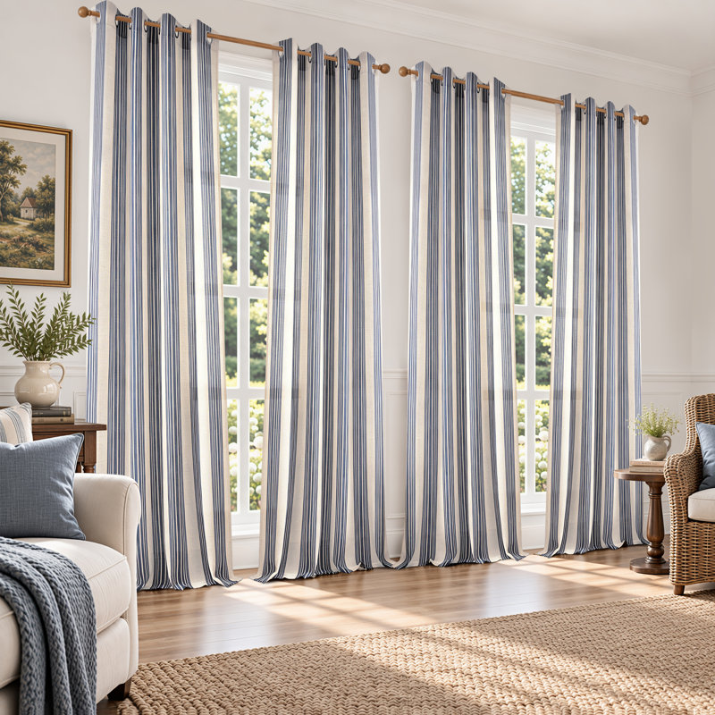 Semi Sheer Grommet Linen Chris Stripe Patterned Curtains, Dark Navy, 52" W x 84" L