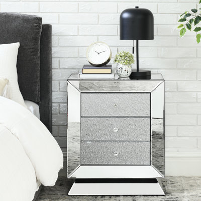 Three Drawer Cabinet With Diamond Glass Mirror - Spacious Storage For Bedroom, Living Room, Corner, Made Of And Glass, Acrylic Filler Fashionable Suited Corner 22"W 16.5"D 26.4"H & Silver Crystal