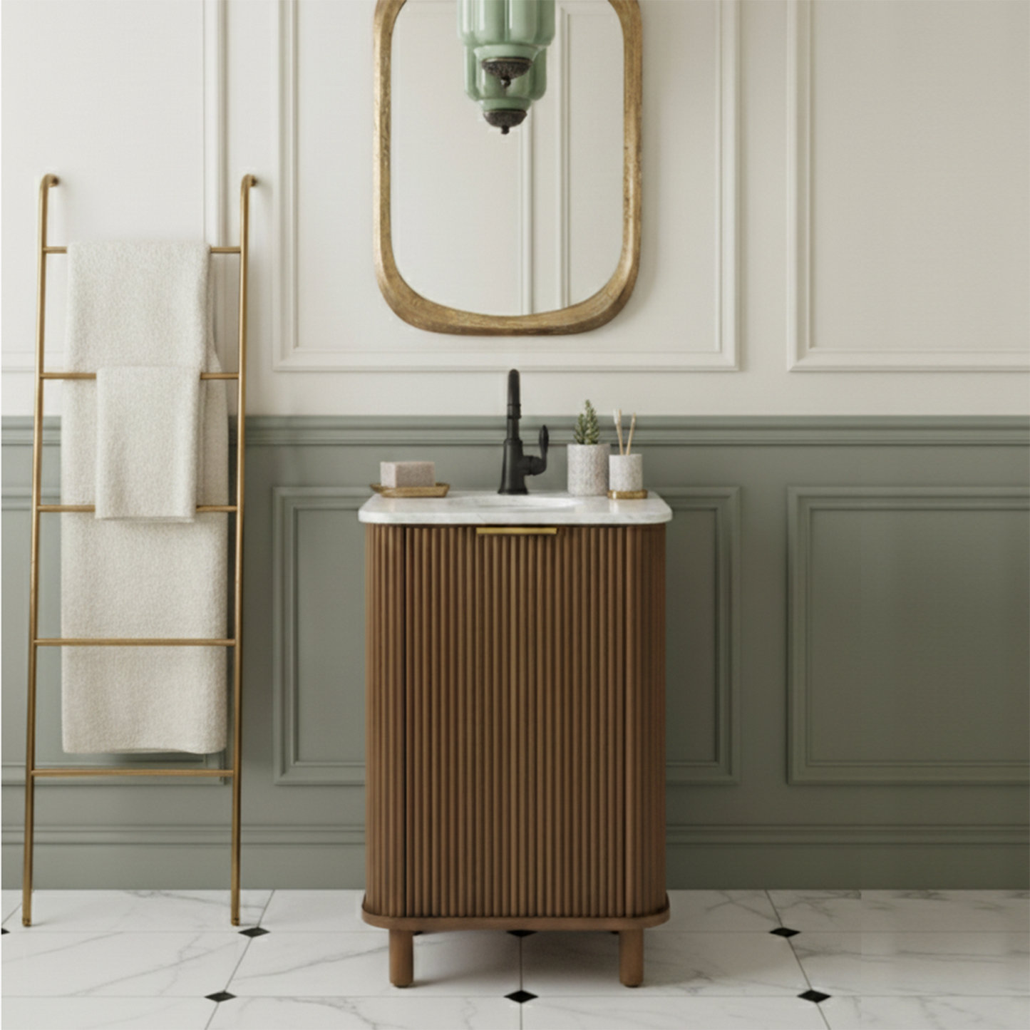 Nova 24" Carrara Marble Single Bathroom Vanity, Brown Reeded