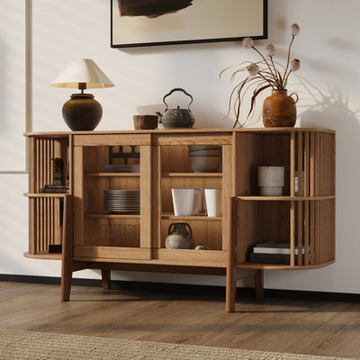 Miko 2-Door And Open Storage 59.1-Inch Wide Sideboard Server Cabinet With Rubberwood Legs