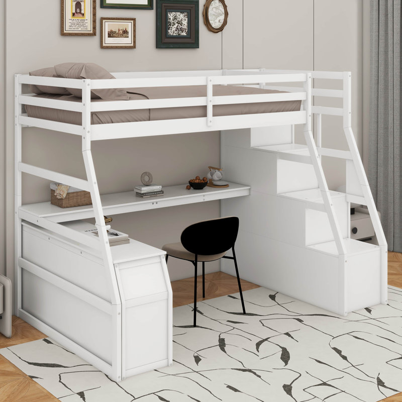 Lit mezzanine simple avec tiroirs et bureau, Blanc