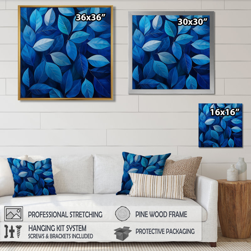 «Cobalt Leaves In Moon Light Collage I», art mural sur toile, H 16 po x l 16 po, Reproduction encadrée d'une seule photo
