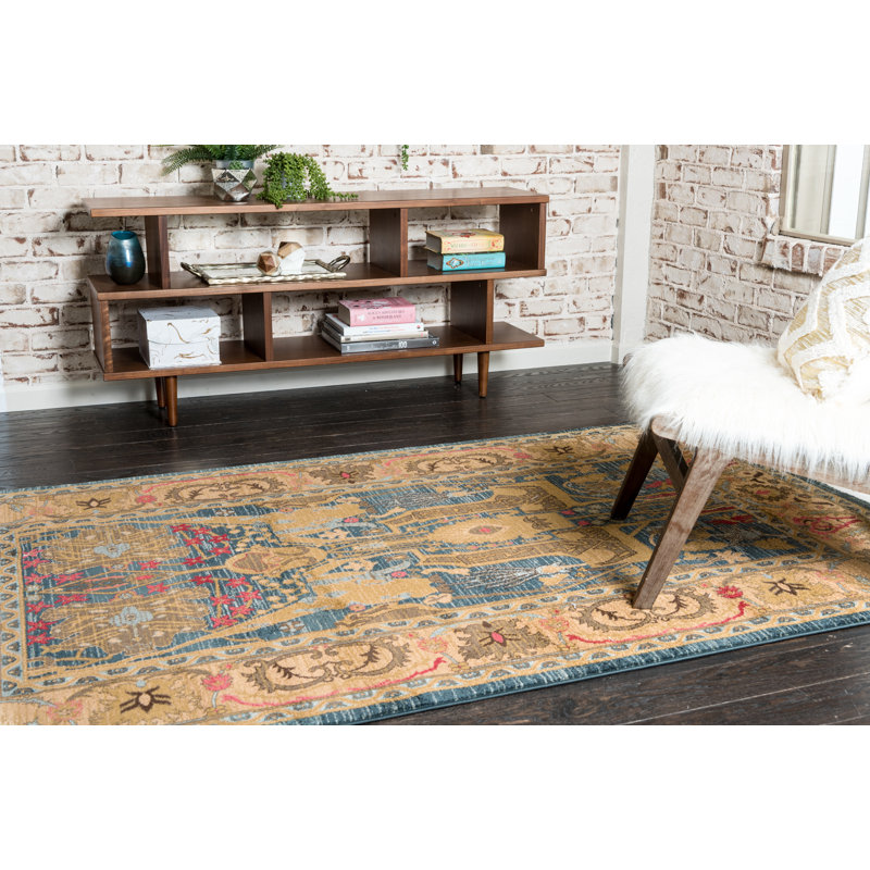 Tapis bleu / jaune Lerma, Rectangle 5 pi 1 po x 8 pi