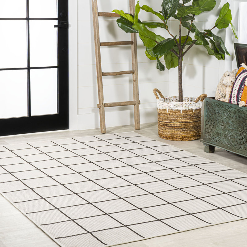 Garnon Grid Modern Squares Cream/Black Indoor/Outdoor Rug, Rectangle 3' x 5'