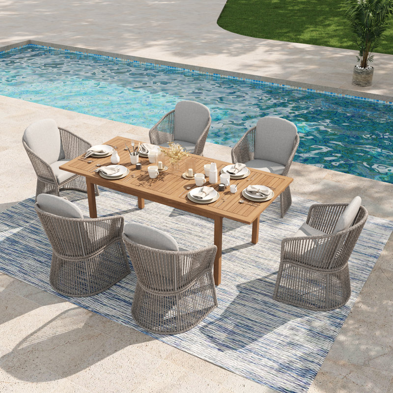 6 - Person Rectangular Outdoor Dining Set With Cushions, Light Gray