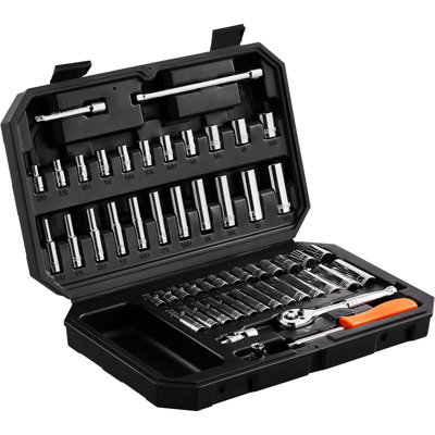 1/4 Inch Drive 54 Pieces Socket And Ratchet , 6 - Point Socket, Metric, 5/32 9/16 In, 4 14 Mm, Rust , With Storage Case Of Pieces, Case, High Torque Cr V