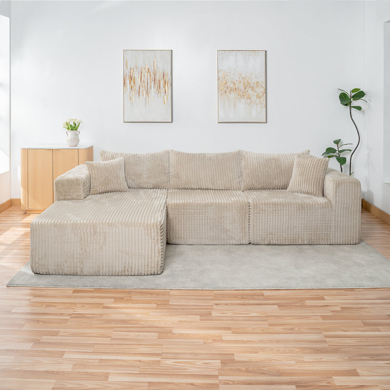 110” Modular Sectional Compression Cloud Sofa for Living Room Modern Minimalist couch with L-Shaped Chaise Upholstered Corduroy Couch, Deep Seat, No Assembly Required, Beige