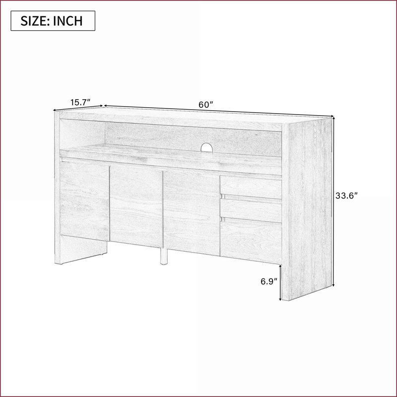 Buffet | Tablette ouverte 60 po avec placage en frêne massif 60 po avec 3 portes et 3 tiroirs | Rangement polyvalent | Bois massif et panneau de fibres à densité moyenne