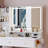 41" Large Size Left Drawer Desktop Vanity Table Cushioned Stool Dresser Set, 2 AC 2 USB Power Station, Hair Dryer Stand, Extra Large Touch Control LED Mirror, 3-Color Switch-1352502651