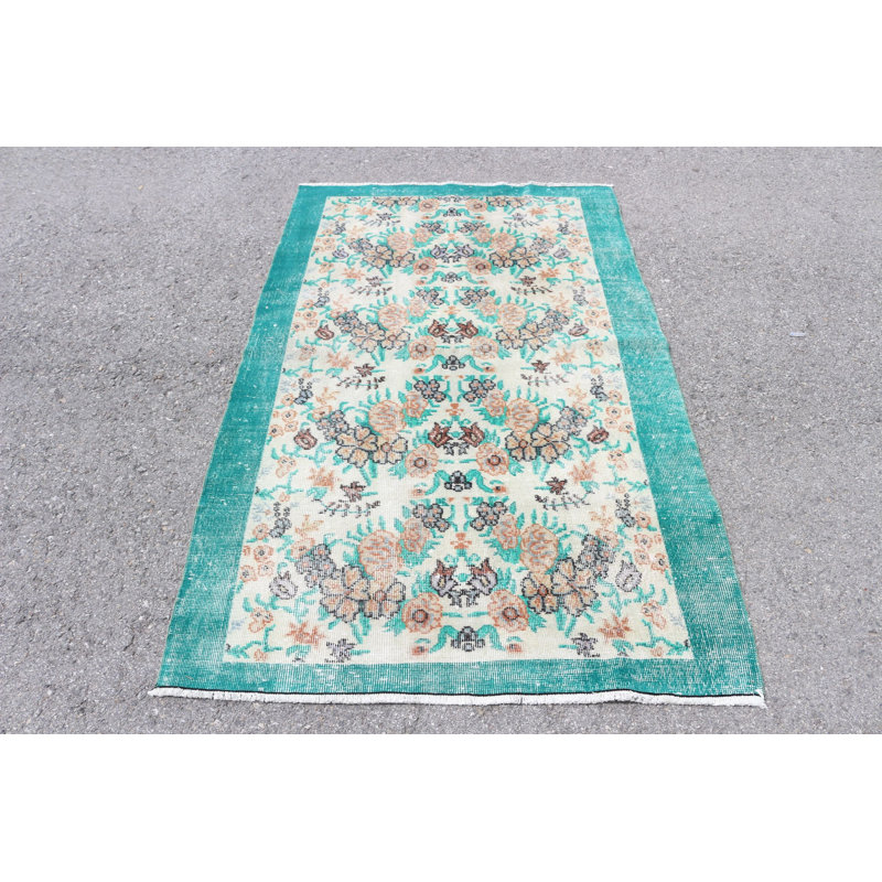 Tapis turc rétro vert pour chambre à coucher bohémienne et décor organique éclectique