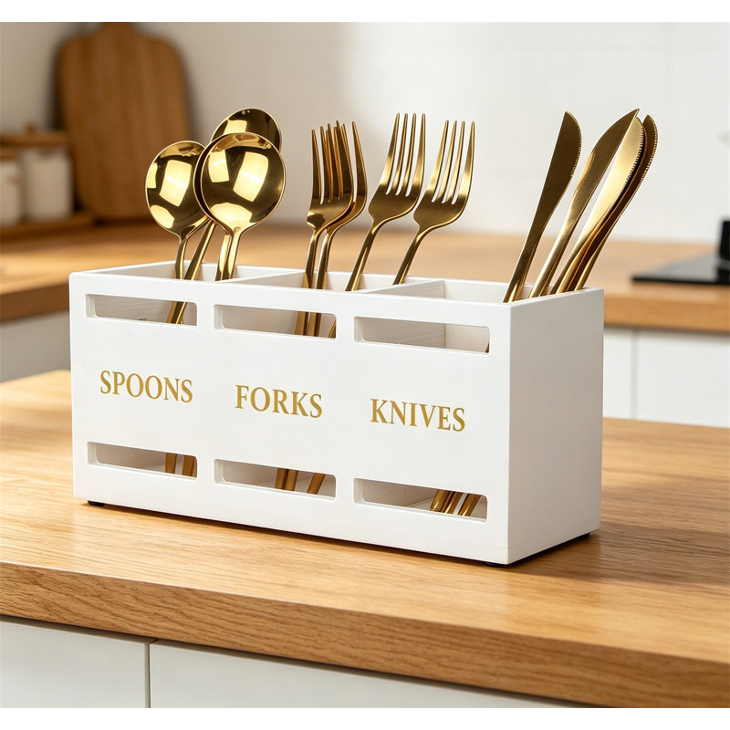 Porte-ustensiles de cuisine en bois, White/Gold