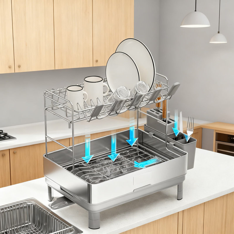 2-Tier Stainless Steel Dish Drying Rack With Automatic Drainage, Utensil Holder And Cup Storage, Space Saving Kitchen Counter Dish Drainer Organizer