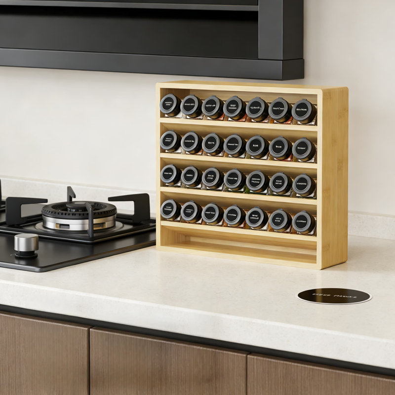 Étagère à épices en bambou à 4 niveaux avec 28 pots à épices en plastique - Armoire autoportante et comptoir de rangement pour cuisine, garde-manger, armoire