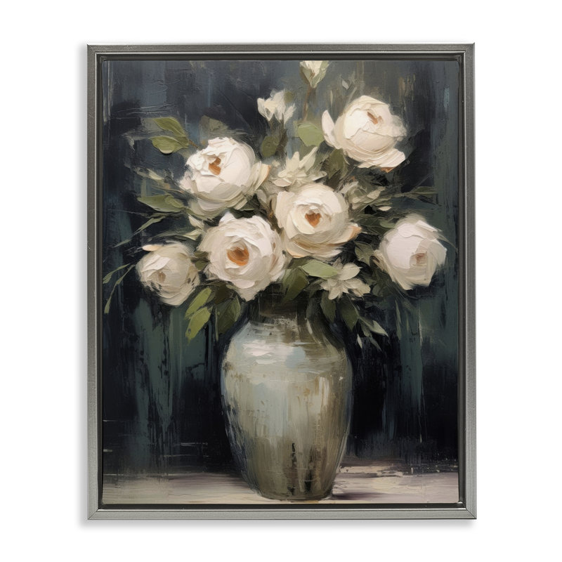 Cadre flottant Roses dans un vase foncé, design par LSR Creative Studio, H 31 po x l 25 po, Cadre flottant gris lustré