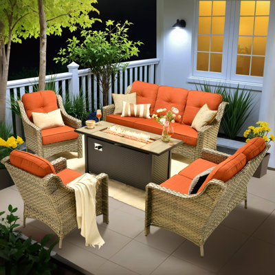 Outdoor Wicker Patio Furniture Set with Fire Pit Table - Cushioned Seating for Cozy Evenings