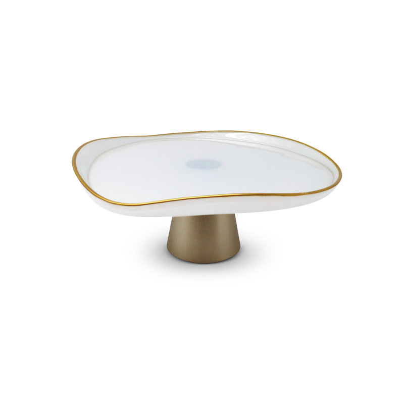 Organic Shaped Cake Plate with Gold Detail, White/Gold, 12.5" W x 6" H x 12.5" D