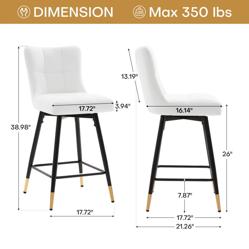 26"Swivel Upholstered Bar Stool, White, 2
