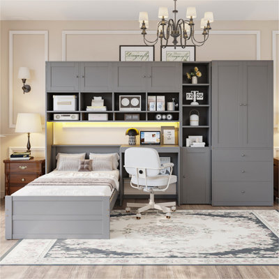 Lit plateforme simple en bois avec bureau, armoire, armoires, tiroirs et tablettes, gris