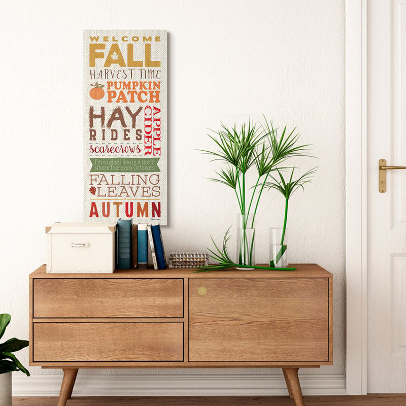 «Welcome Fall Harvest Time Seasonal Word» par Stephanie Workman Marrott - reproduction d'art textuel, Toile tendue