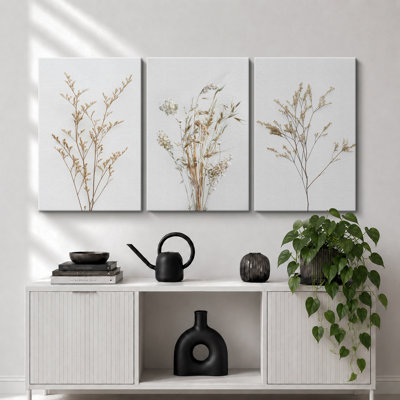 Minimal Botanical "Neutral Wildflowers Floral Artwork, Simple Organic Modern Wall Pictures, Large Framed Canvas Giclee Print 3 Pieces Wall Art Set"