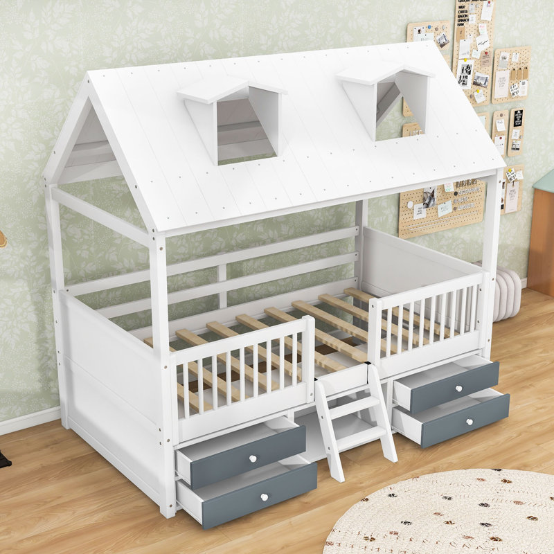 Structure de lit en bois avec de charmantes lanterneaux de toit et beaucoup de rangement, Simple, Blanc