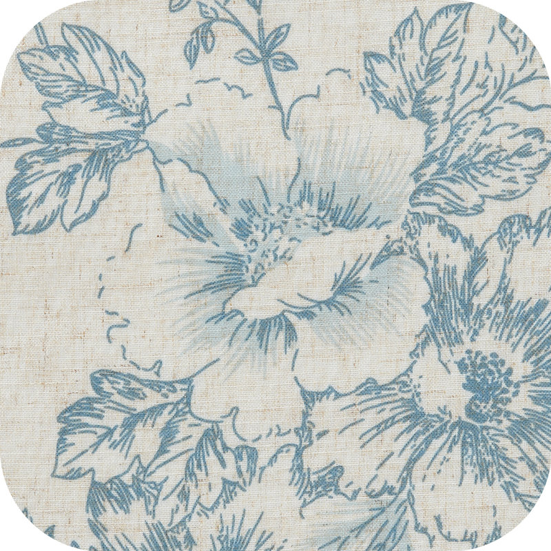 Neacsa Linen Semi Sheer Peony Flower Patterned Rod Pocket Curtain Pair, Blue, 50" W x 63" L