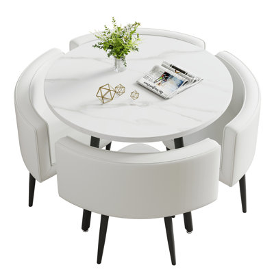 31.49“White Upholstered Chairs & Wood Top Round Table Set, Dual Use For Apartment & Reception