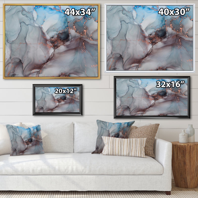 " Grey And Blue Liquid Art ", Maple Floater Framed, 16" H x 32" W
