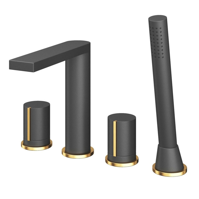 Perri 2 Handle Deck Bath Shower Mixer Bath Filler with Diverter, Black/Gold