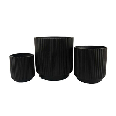 Elly Round Planter Set Of 3, Ribbed Texture Resin, 16,12,9  Inch