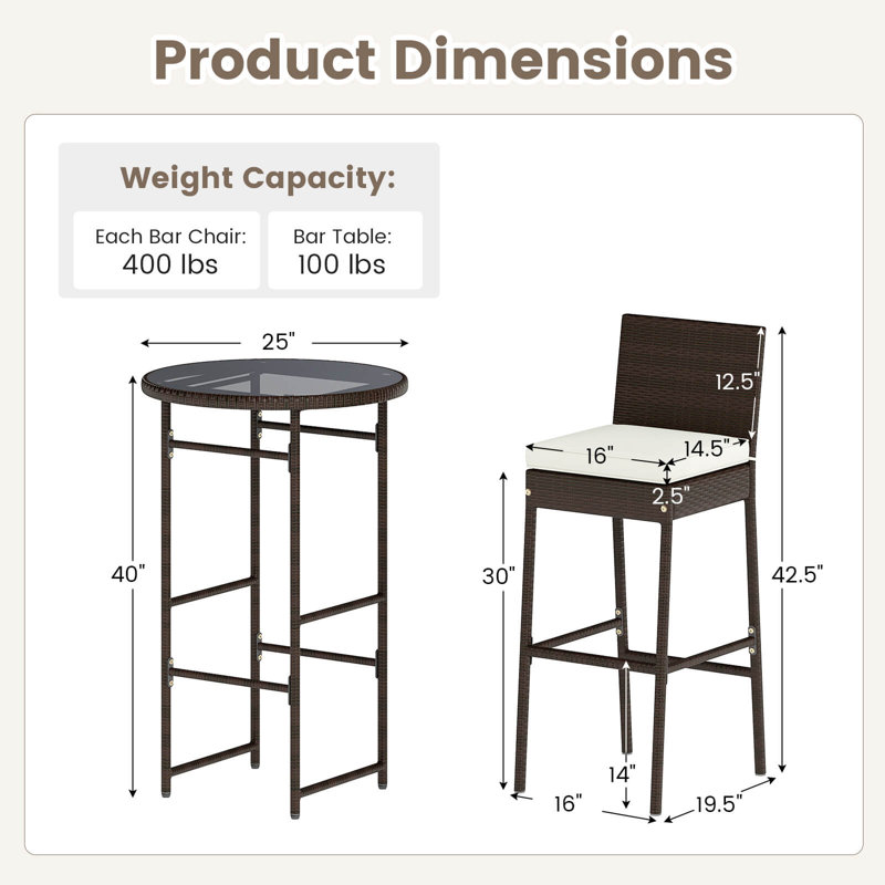 3 Piece Outdoor Bar Set Heavy-Duty Metal Barstool & Table Set with Glass Tabletop