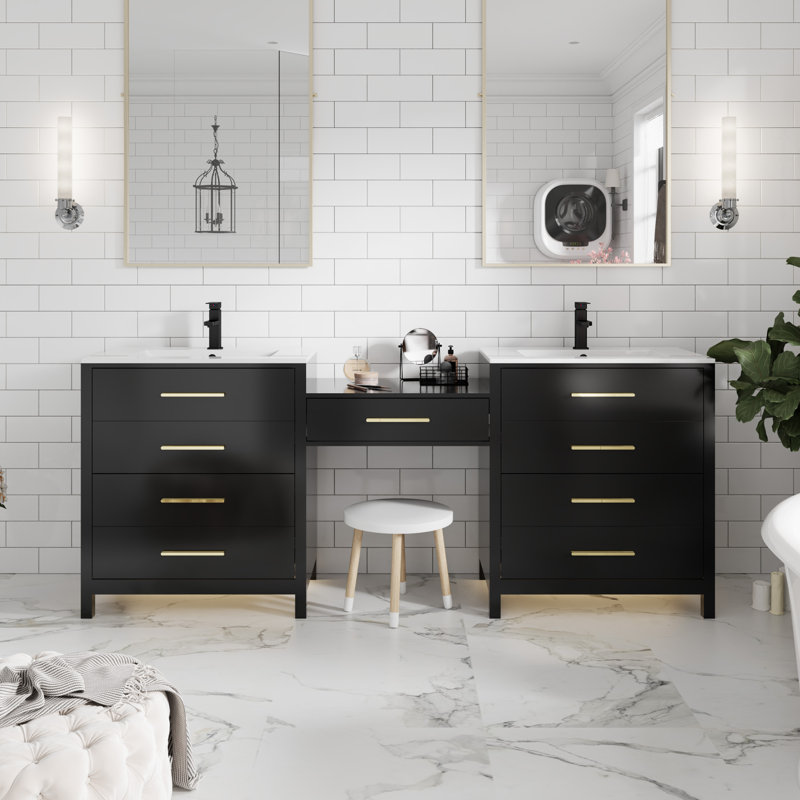 Meuble-lavabo double 84 po avec comptoir de maquillage, comptoirs de lavabo, robinets en alliage de zinc Sharee