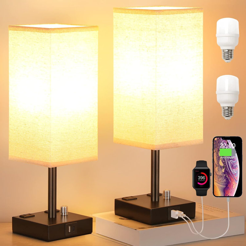 Ensemble de 2 lampes de table de chevet entièrement à intensité variable avec USB C + ports de charge et 2 prises CA, ensemble de lampes carrées, abat-jour en lin pour chambre à coucher (ampoule incluse)