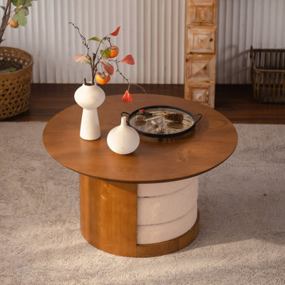 Table basse ronde en bois 31,5 po avec 3 tabourets gigognes en tissu Teddy, ensemble de table centrale multifonctionnel avec rangement caché pour le salon