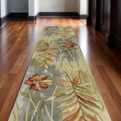 Tapis de couloir tropical en laine touffeté à la main 10 pi bleu et vert