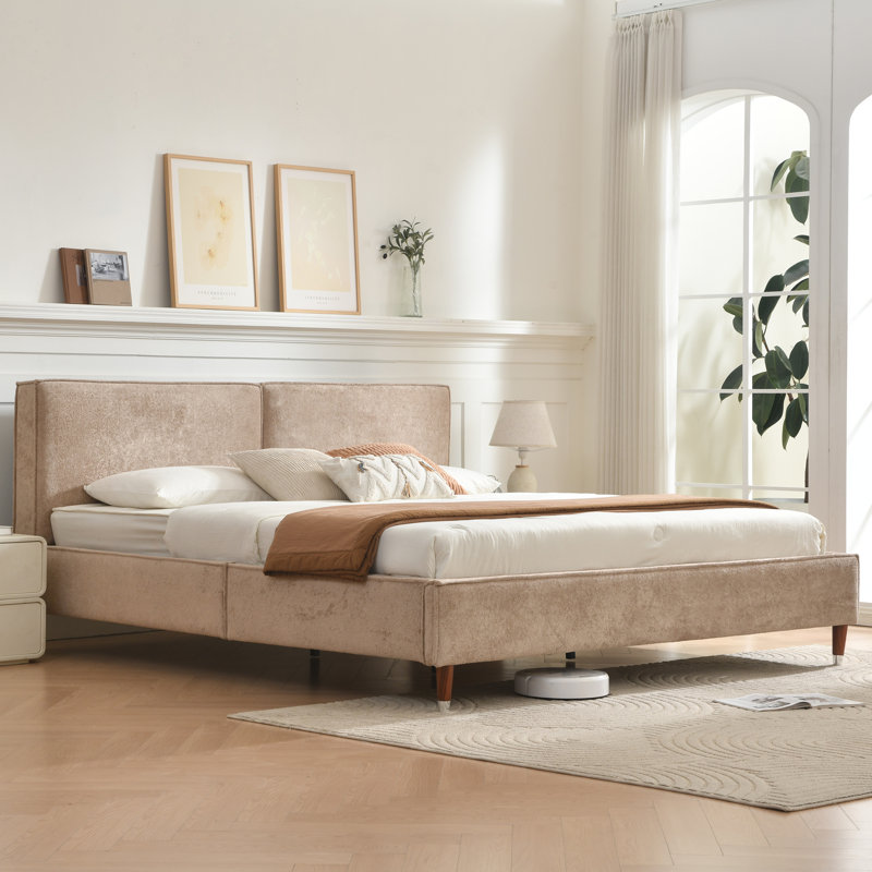 Luxury Beige Upholstered Platform Bed With Quilted Pillow-Style Headboard, Reinforced Frame, Clip-On Slat Support, No Box Spring Needed