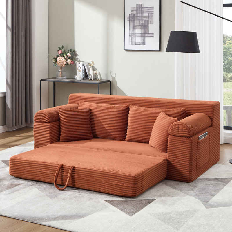 Brigitte 78.1" Convertible Corduroy Sofa Bed, Upholstered Pull-Out Couch with Sleeper, Burnt Orange