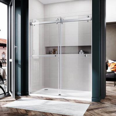 UKD01 Frameless Double Sliding Shower Door, 56-60 in. W x 72 in. H, Brushed Nickel, 3/8 in. (10mm) Clear Tempered Glass