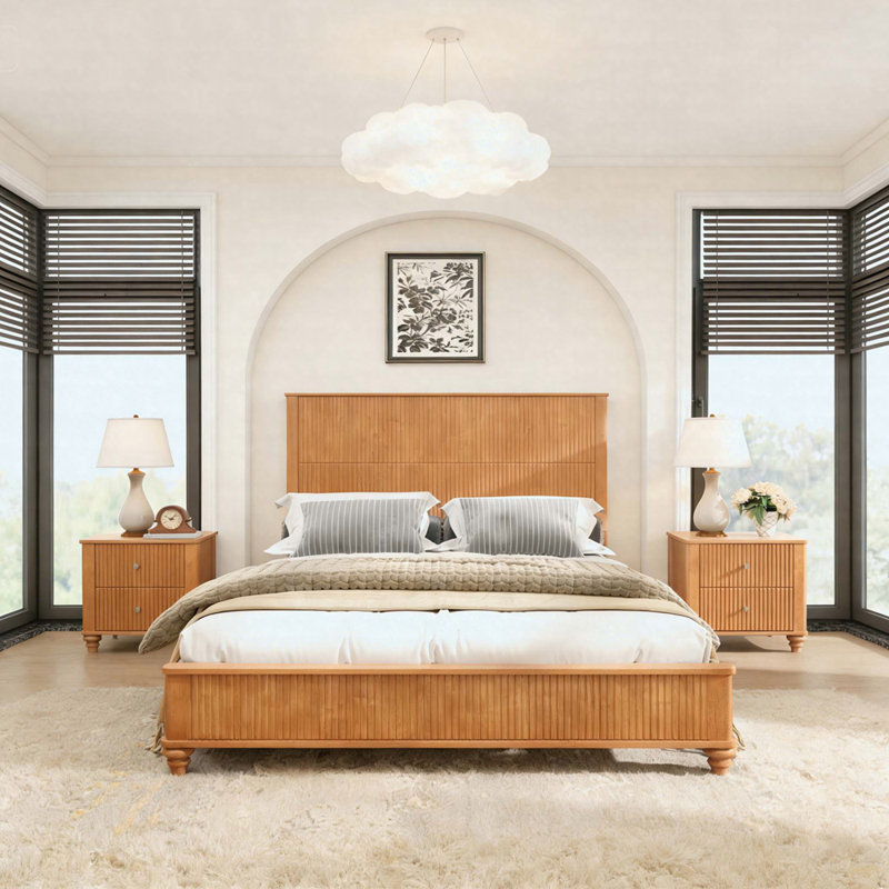 Ensemble de chambre à coucher 3 pièces avec grand lit plateforme et 2 tables de chevet cannelées Kernie, Natural, Grand