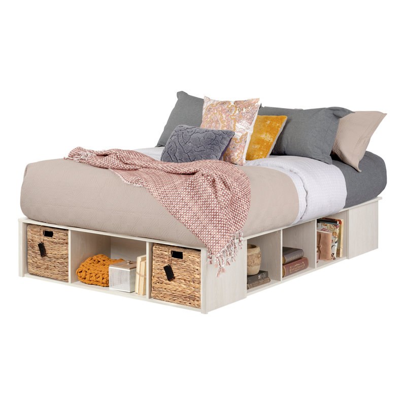 Full Winter Oak Upholstered Storage Bed with Rattan Baskets