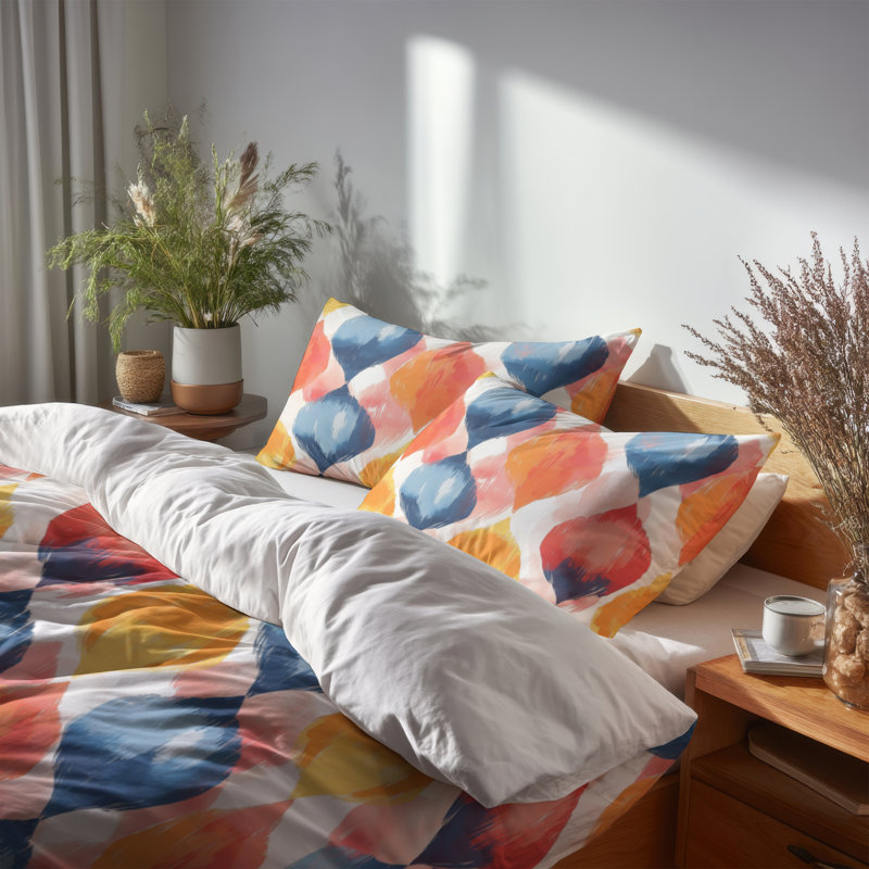 Ensemble d'édredon moderne de 6 - Ikat scandinave bleu et orange avec taies décoratives et coussins décoratifs