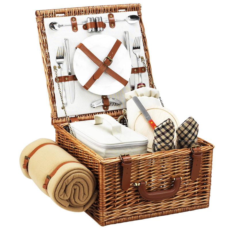 Panier en saule de style anglais avec ensemble de pique-nique pour deux personnes et couverture